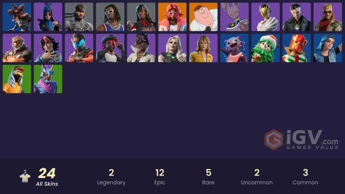 | PC | 24 SKINS | Valeria | Peter Griffin | Carletta | Montague | Vengeance Jones | Solid Snake | Nisha | Oscar | Beerus | 150 VBUCKS | FeCYw |