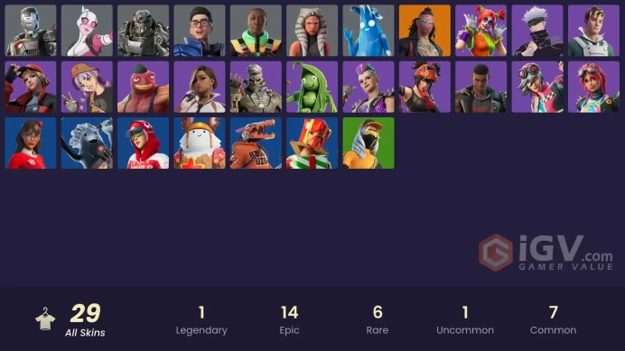 | PC/PSN | 29 SKINS | Kado Thorne | T-60 Power Armor | Ahsoka Tano | Peekaboo | Ringmaster Scarr | Nolan Chance | Peabody | 200 VBUCKS | FeYh1 |
