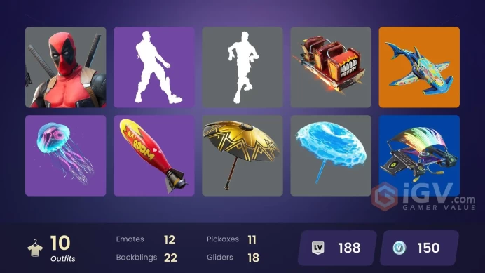 | PC/XBOX | 10 SKINS | Malice | Gear Specialist Maya | Deadpool | Infinity | TNTina | Brutus | Agent Peely | Hana | 150 VBUCKS | Fdu4p |