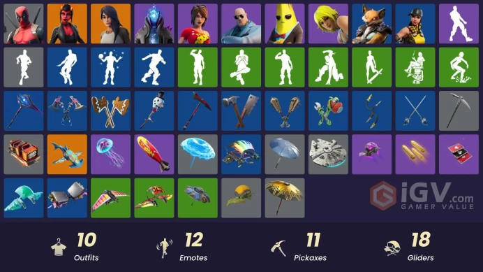 | PC/XBOX | 10 SKINS | Malice | Gear Specialist Maya | Deadpool | Infinity | TNTina | Brutus | Agent Peely | Hana | 150 VBUCKS | Fdu4p |