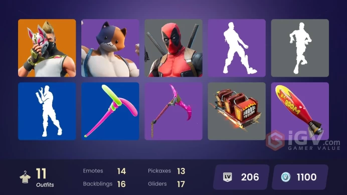 | PC/PSN/XBOX | 11 SKINS | Deadpool | Gear Specialist Maya | Drift | Meowscles | Agent Peely | Brutus | Huntress | 1100 VBUCKS | FerU6 |