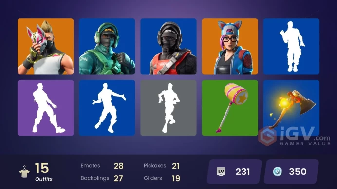 | PC/PSN/XBOX | 15 SKINS | Zenith | Drift | Calamity | Lynx | The Ace | Summit Striker | Katalina | Redline | Sgt. Winter | 350 VBUCKS | FeGM7 |