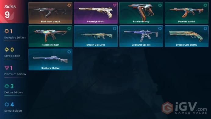 EU 9 skins | Sovereign Ghost | Blackthorn Vandal | Paceline Frenzy | Paceline Vandal | Paceline Stinger | Dragon Gate Shorty | V0445