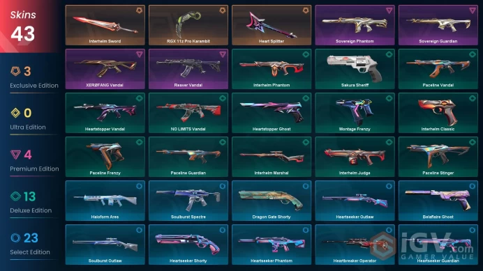 EU | 43 skins | RGX 11z Pro Karambit | Reaver Vandal | Interhelm Sword | Heart Splitter | Sovereign Phantom | XERØFANG Vandal | J8003