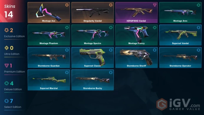 EU | 14 skins | Singularity Vandal | Montage Axe | XERØFANG Vandal | Montage Frenzy | Montage Ares | Montage Phantom | Montage Spectre | K3097