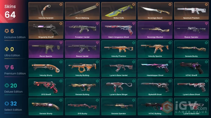 EU | 64 skins | Recon Balisong | Spectrum Phantom | Reaver Vandal | Velocity Karambit | Striker Knife | Sovereign Sword | V6554