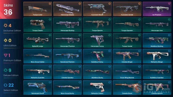 [EU] 36 SKINS |  Kuronami Vandal | Ion Phantom | Kuronami Sheriff | Torque Coiler | ~ 6,525 VP Inventory value