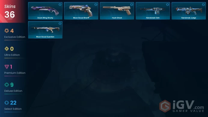 [EU] 36 SKINS |  Kuronami Vandal | Ion Phantom | Kuronami Sheriff | Torque Coiler | ~ 6,525 VP Inventory value