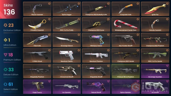 NA | 136 Skins | Champions 2023 Kunai | Champions 2023 Vandal | Champions 2022 Butterfly Knife | Ignite Fan | Champions 2022 Phantom | Sovereign