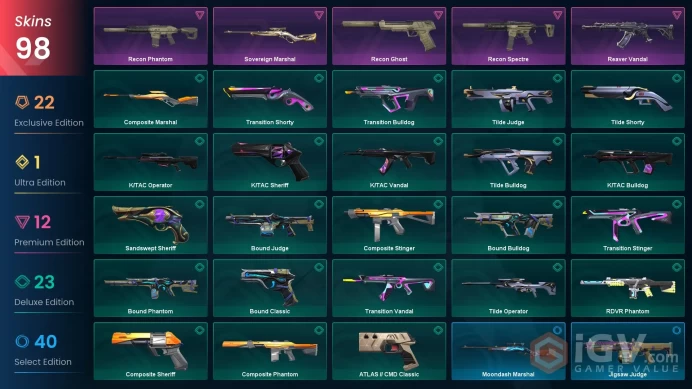 EU 98 skins | Relic of the Sentinel | Champions 2023 Vandal | Neo Frontier Sheriff | Neo Frontier Sheriff | Araxys Vandal | Spectrum Classic | S