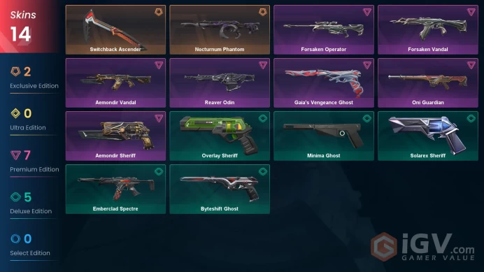 [EU] 14 SKINS | ~ 18,900 VP Inventory value | Switchback Ascender | Nocturnum Phantom | Oni Guardian | Aemondir Vandal| Forsaken Vandal |