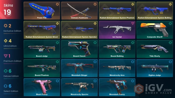 NA - LVL 39 - Unranked - 2 Knives - 19 Skins (~24,975 VP) Radiant Entertainment System Phantom, Onimaru Kunitsuna, Power Fist, Ion Vandal