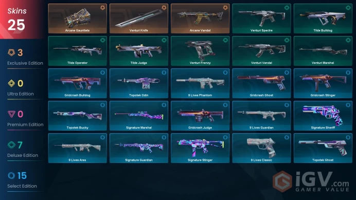 EU - LVL 49 - Unranked - 2 Knives - 25 Skins (~6,525 VP) Venturi Knife, Arcane Vandal, Arcane Gauntlets