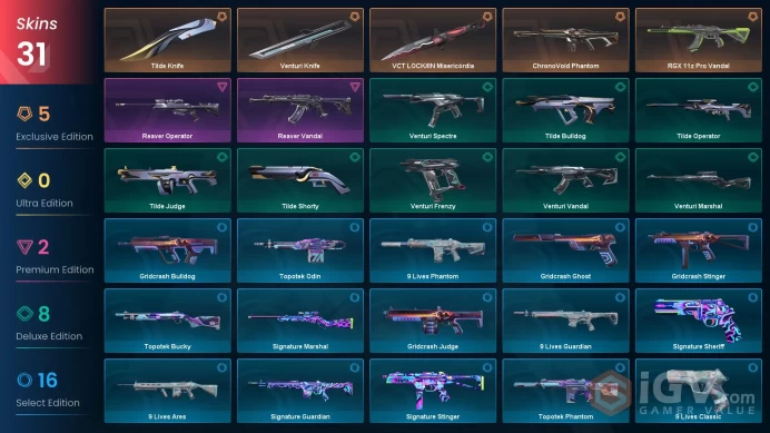 EU - LVL 54 - Unranked - 3 Knifes - 31 Skins (~13,340 VP) VCT LOCKIN Misericordia, Venturi Knife, RGX 11z Pro Vandal, Tilde Knife, ChronoVoid Ph
