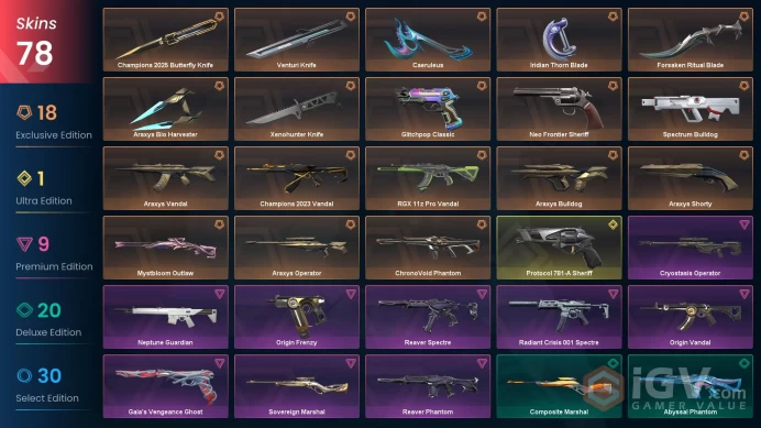 NA - LVL 157 - Unranked - 7 Knifes - 78 Skins (~69,975 VP) Xenohunter Knife, Caeruleus, ChronoVoid Phantom, Araxys Bio Harvester, Champions 2023