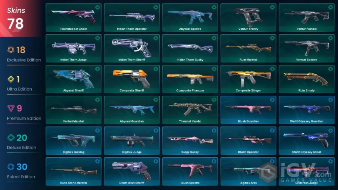 NA - LVL 157 - Unranked - 7 Knifes - 78 Skins (~69,975 VP) Xenohunter Knife, Caeruleus, ChronoVoid Phantom, Araxys Bio Harvester, Champions 2023