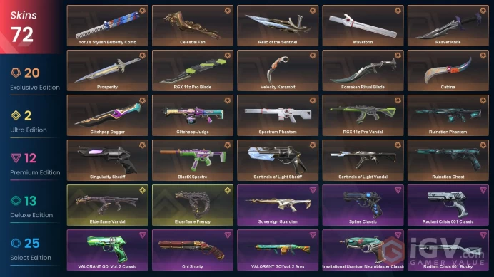 NA - LVL 72 - Unranked - 11 Knifes - 72 Skins (~89,325 VP) Elderflame Vandal, Reaver Knife, Waveform, Relic of the Sentinel, Prosperity, Ruinati