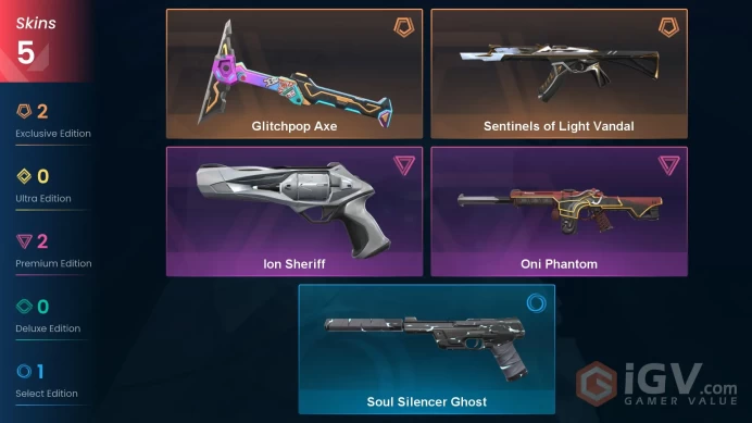 EU - LVL 71 - Unranked - 1 Knife - 5 Skins (~10,075 VP) Sentinels of Light Vandal, Glitchpop Axe, Ion Sheriff, Oni Phantom