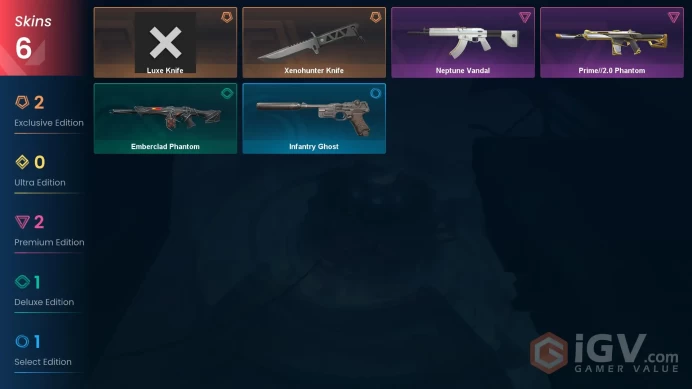 EU - LVL 26 - Unranked - 2 Knifes - 6 Skins (~11,000 VP) Luxe Knife, Xenohunter Knife, Prime2 Phantom, Neptune Vandal, Emberclad Phantom