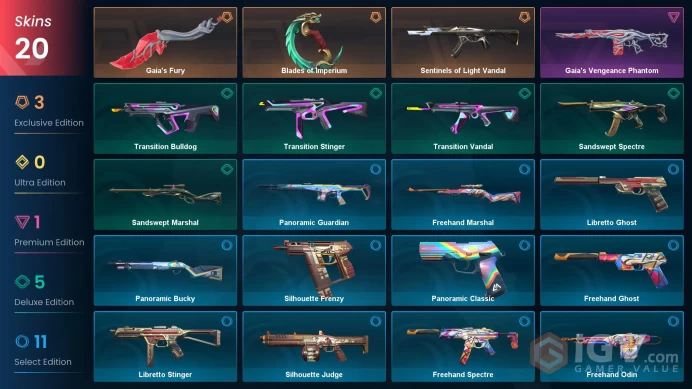 EU - LVL 55 - Unranked - 2 Knives - 20 Skins (~11,850 VP) Blades of Imperium, Sentinels of Light Vandal, Gaia's Fury, Gaia's Vengeance Phantom