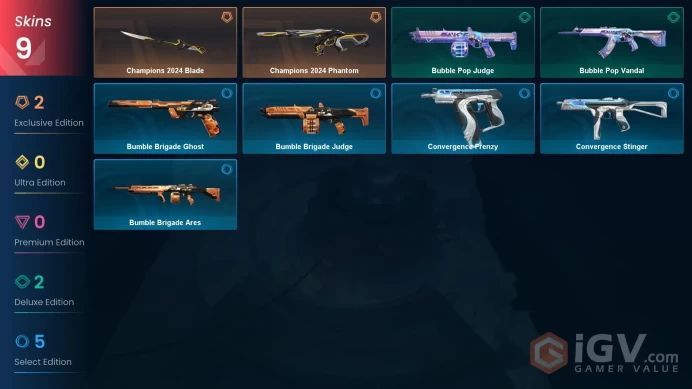 EU - LVL 16 - Unrated - 1 Knife - 9 Skins (~8,025 VP) Champions 2024 Phantom, Champions 2024 Blade, Bubble Pop Vandal