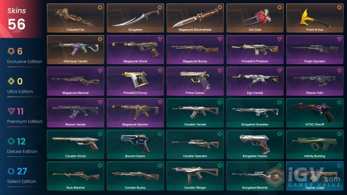 NA - LVL 61 - Unranked - 5 Knifes - 56 Skins (~33,225 VP) Magepunk Electroblade, Glitchpop Vandal, Oni Claw, Prism III Axe, Songsteel, Celestial