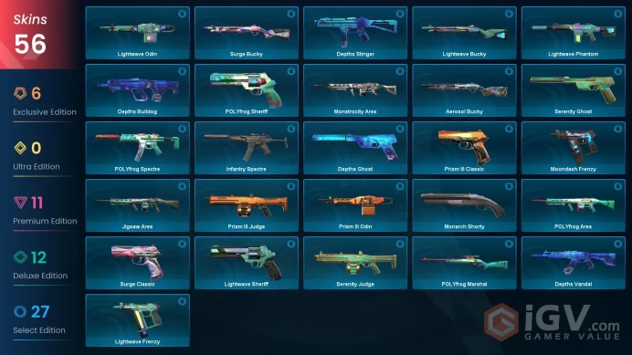NA - LVL 61 - Unranked - 5 Knifes - 56 Skins (~33,225 VP) Magepunk Electroblade, Glitchpop Vandal, Oni Claw, Prism III Axe, Songsteel, Celestial