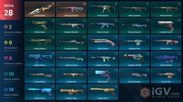 [NA] 28 SKINS | Glitchpop Phantom | Outpost Melee | ~ 6,475 VP Inventory value |   Ranked Ready