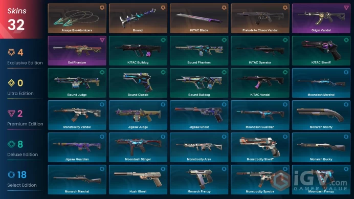 EU / 32 Skins / Origin Vandal / Prelude to Chaos Vandal / Araxys Bio-Atomizers / K/TAC Blade + Vandal + Operator + Sheriff / Bound / V70
