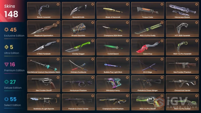 EU/TUR 165640 VP Spent VCT 2025 Karambit Champions 2024 Bundle CYRAX Fanblade Primordium Phantom Divergence Vandal Neptune Vandal Prelude to Cha