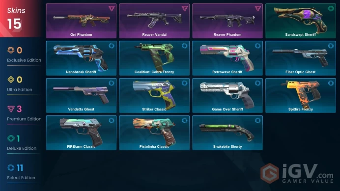 EU Level 301 15 Skins 28 Agents Reaver Phantom Reaver Vandal Oni Phantom Oni Phantom Reaver Vandal Reaver Vandal Reav...