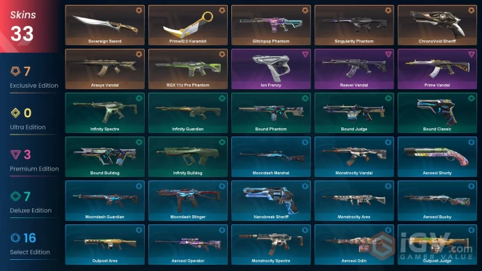 EU Level 84 33 Skins 26 Agents Sovereign Sword Araxys Vandal ChronoVoid Sheriff Prime//2.0 Karambit Prime Vandal RGX ...