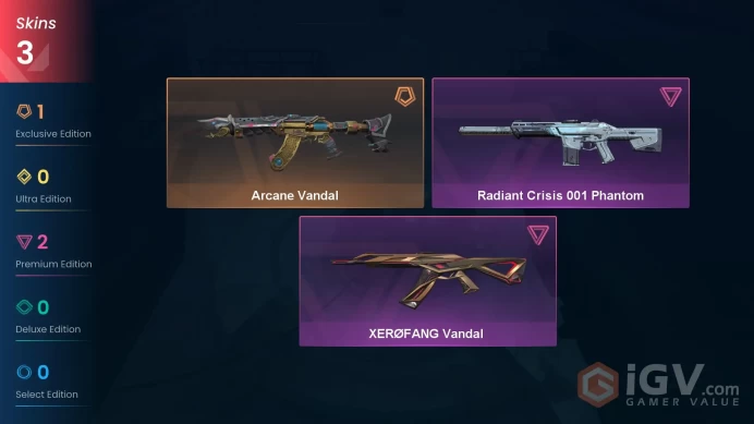 EU Level 48 3 Skins 12 Agents Radiant Crisis 001 Phantom Arcane Vandal XEROFANG Vandal XEROFANG Vandal Arcane Vandal ...