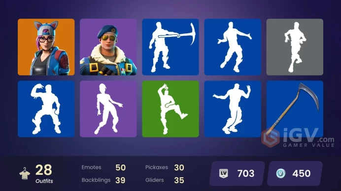 | PC/PSN/XBOX | 28 SKINS | Calamity | Fade | The Ice King | Zenith | Lynx | A.I.M. | Dire | Fable | Wingman | DJ Yonder | 450 VBUCKS | FfI7r |