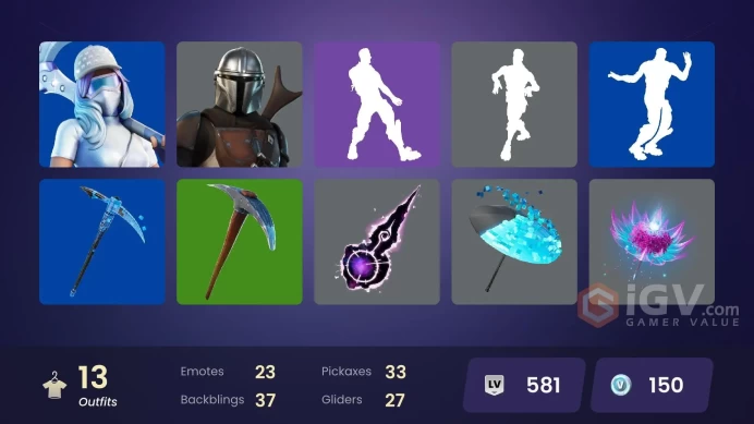| PC/PSN/XBOX | 13 SKINS | Menace | Mandalorian | Predator | Mave | Mancake | Lexa | Reese | Kondor | Snowmando | Seeker | 150 VBUCKS | Ff7zi |
