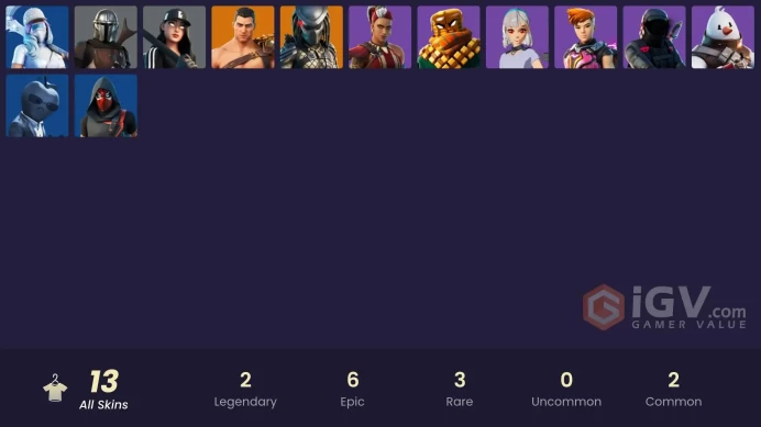 | PC/PSN/XBOX | 13 SKINS | Menace | Mandalorian | Predator | Mave | Mancake | Lexa | Reese | Kondor | Snowmando | Seeker | 150 VBUCKS | Ff7zi |