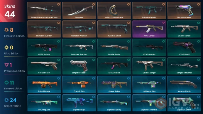 NA+44 skins+26000VP+Songsteel+Origin Crescent Blade+Glitchpop Classic+Broken Blade of the Ruined King+Ruination Ghost.4.29.3