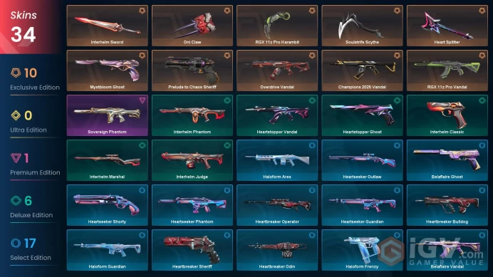 EU - LVL 44 - Unranked - 5 Knives - 34 Skins (~24,600 VP) Oni Claw, Interhelm Sword, Heart Splitter, Champions 2025 Vandal, RGX 11z Pro Karambit
