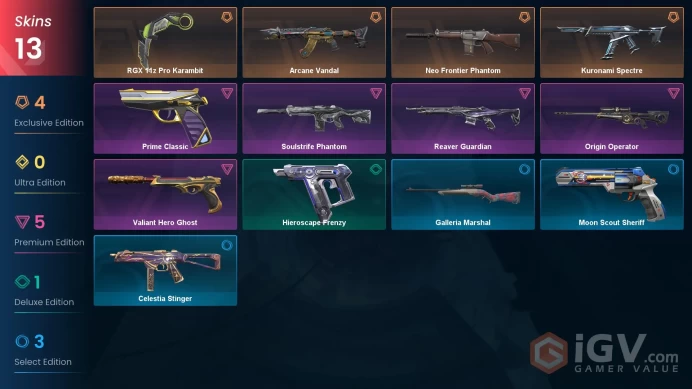 EU | 13 skins | RGX 11z Pro Karambit | Arcane Vandal | Neo Frontier Phantom | Kuronami Spectre | Soulstrife Phantom | Origin Operator | T7408
