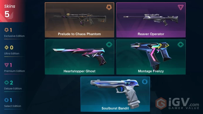 EU | 5 skins | Prelude to Chaos Phantom | Reaver Operator | Heartstopper Ghost | Montage Frenzy | Soulburst Bandit | Z2479
