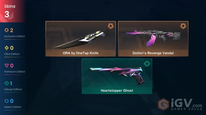 [EU] 3 SKINS 1 KNIFE | ~ 7,125 VP Inventory value | Dolmir's Revenge Vandal | ORA by OneTap Knife | Heartstopper Ghost |