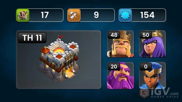 ■TH:11 (+85%) ■Heroes: K48 Q50 P20 W20 ■Skins:3 ■BH:9 ■Full Access ■Instant Delivery ■A5056