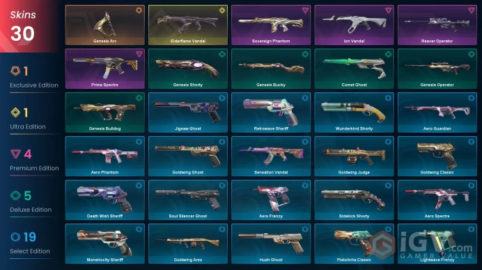 EU 30 skins | Elderflame Vandal | Genesis Arc | Ion Vandal | Sovereign Phantom | Reaver Operator | Prime Spectre | Comet Ghost | V0483