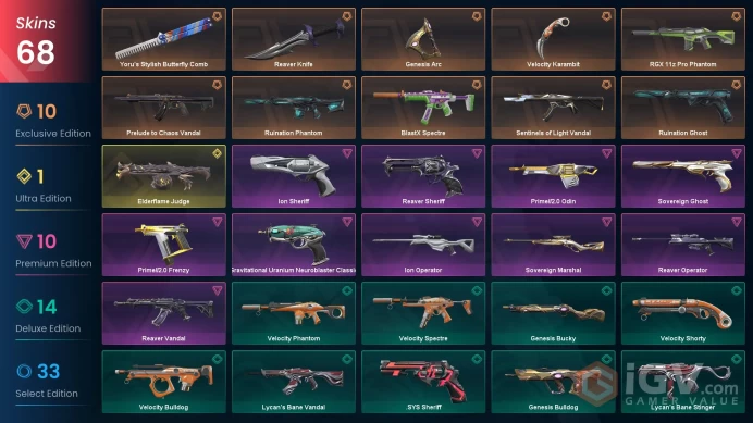 EU/TR - 19 Premium Skins-Yoru's Stylish Butterfly Comb-Reaver Knife-Ruination Phantom-Reaver Vandal-Sovereign Ghost-Ion Sheriff / Full Access