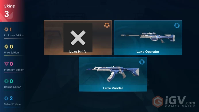 EU - LVL 1 - Unrated - 1 Knife - 3 Skins (~3,500 VP) Luxe Knife, Luxe Operator, Luxe Vandal