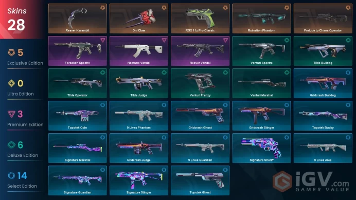 NA | Reaver Karambit, Reaver Vandal, Neptune Vandal, Ruination Phantom, Forsaken Spectre, Prelude to Chaos Operator, RGX Pro Classic, Oni Claw