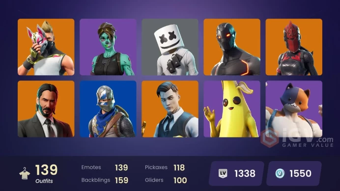 [PC/PSN/XBOX/Nintendo]  139 skins F/A :  Blue Squire | Royale Knight | Gold Midas | Grind | Clutch | John Wick | Luxe | Carbide | Kymera | Drift