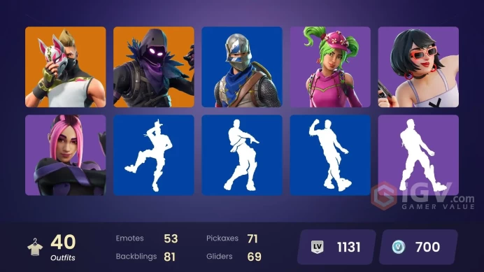 40 skins/full access/blue squire/royale knight/take the l/mako/battle bus banner/it's dinamite/i'm diamond/bird call