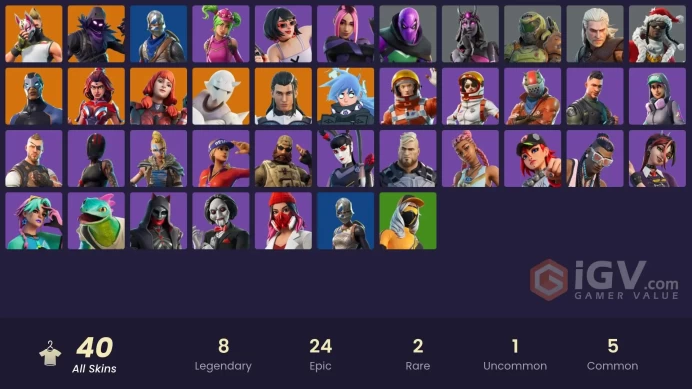 40 skins/full access/blue squire/royale knight/take the l/mako/battle bus banner/it's dinamite/i'm diamond/bird call