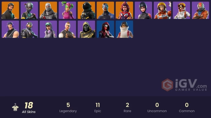 18 skins/full access/the reaper/take the l/elite agent/havoc/sub commander/orange justice/carbide/shadow ops